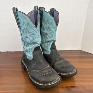 Women's Ariat Fatbaby Western Cowboy Black/ Teal Leather‎ Boots Size 6.5 B